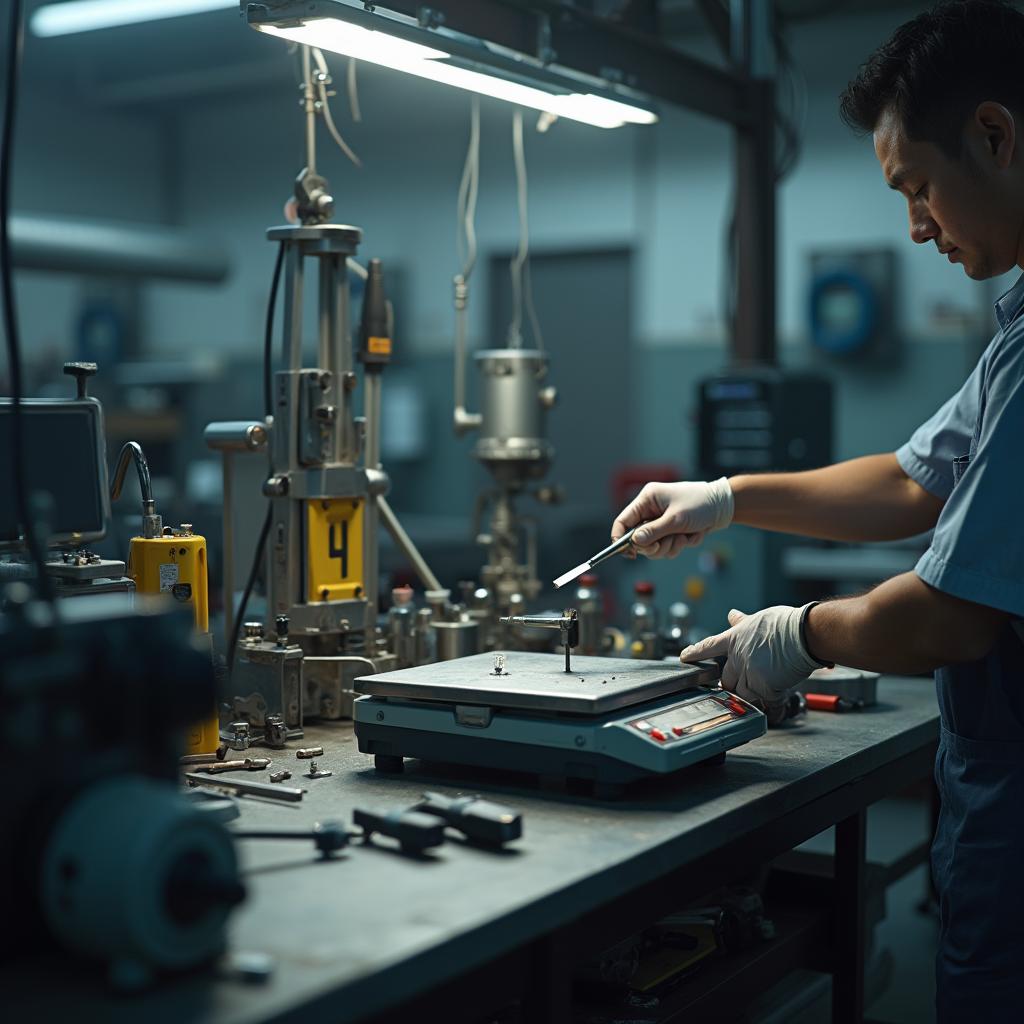 Ambiente industrial limpo com balança digital em uso para pesagem precisa