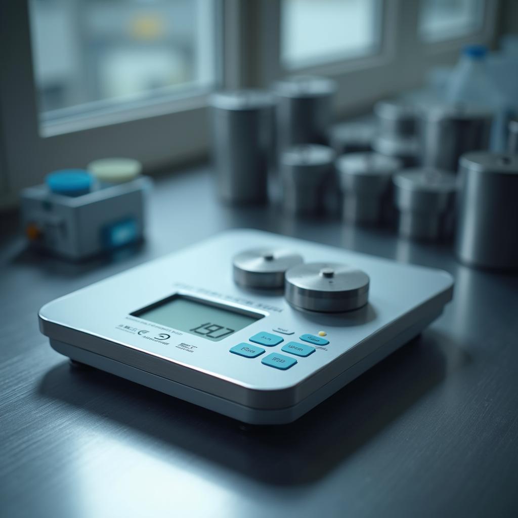 Detalhe de balança de precisão em laboratório moderno durante calibração
