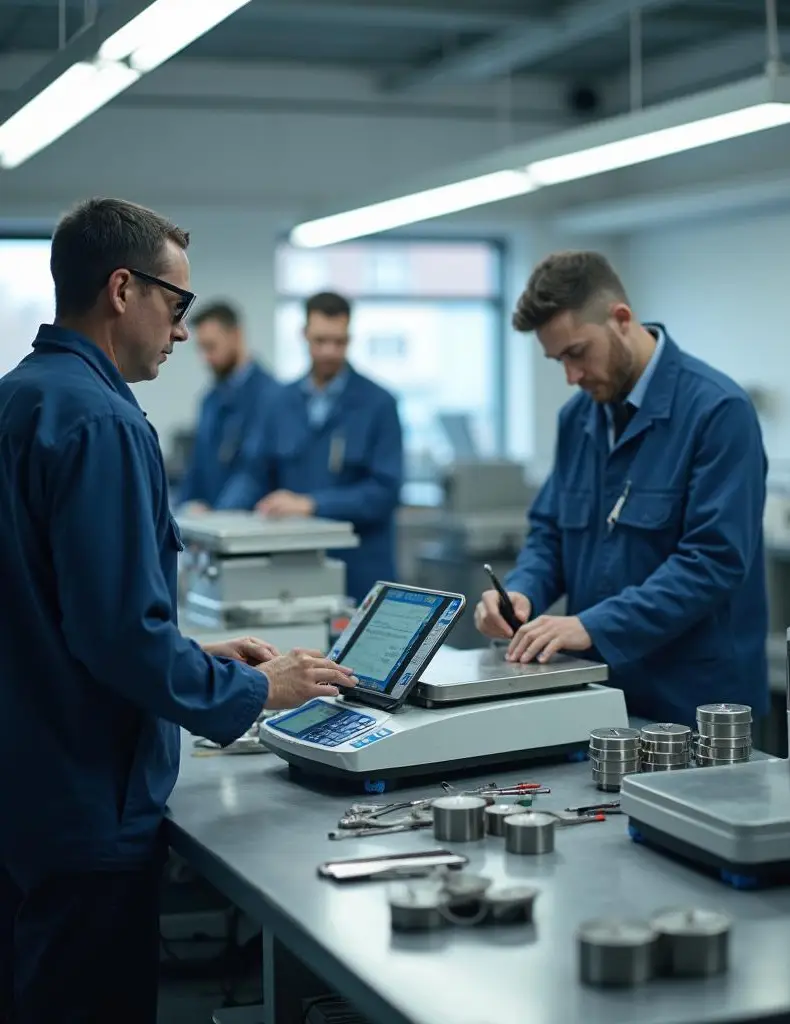 Equipe de técnicos em uniformes realizando reparos corretivos em equipamentos industriais