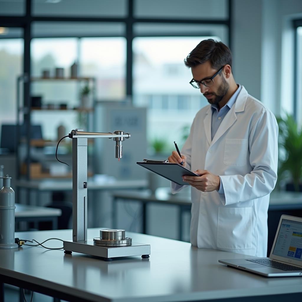 Laboratório com balança de precisão em bancada, representando cuidados preventivos em equipamentos