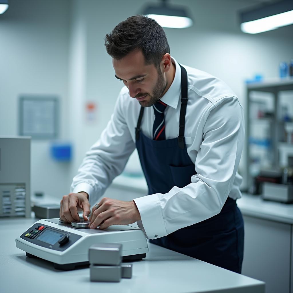 Técnico especialista realizando calibração de balança comercial em ambiente profissional
